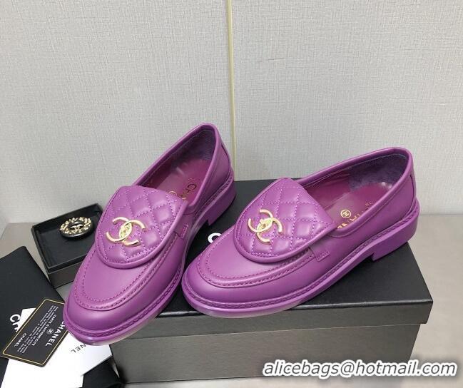 Grade Quality Chanel Lambskin Loafers with CC Foldover Purple 103120