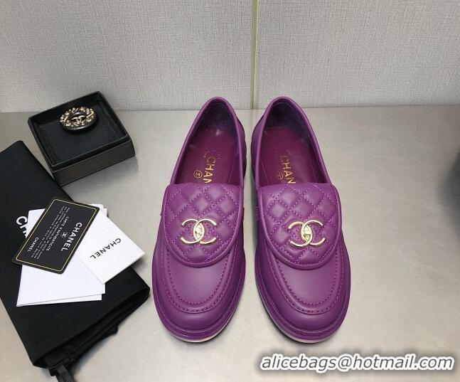 Grade Quality Chanel Lambskin Loafers with CC Foldover Purple 103120