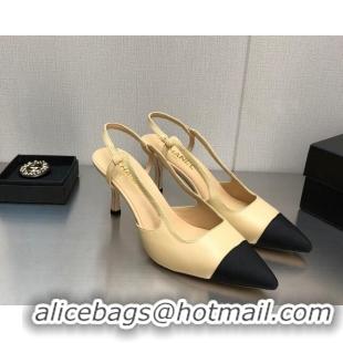 Stylish Chanel Lambskin Medium Heel Slingback Pumps 6.5cm Beige 103121