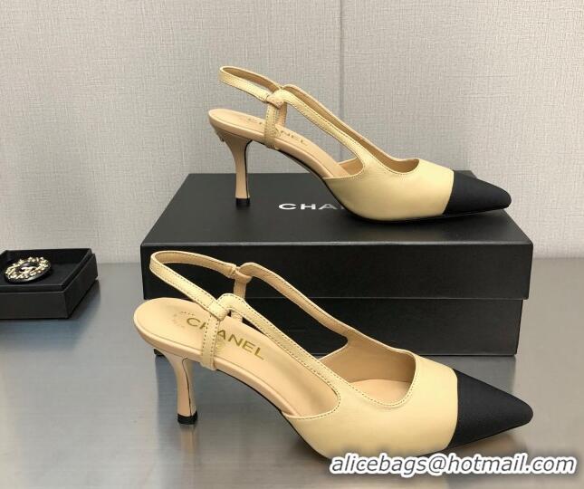 Stylish Chanel Lambskin Medium Heel Slingback Pumps 6.5cm Beige 103121