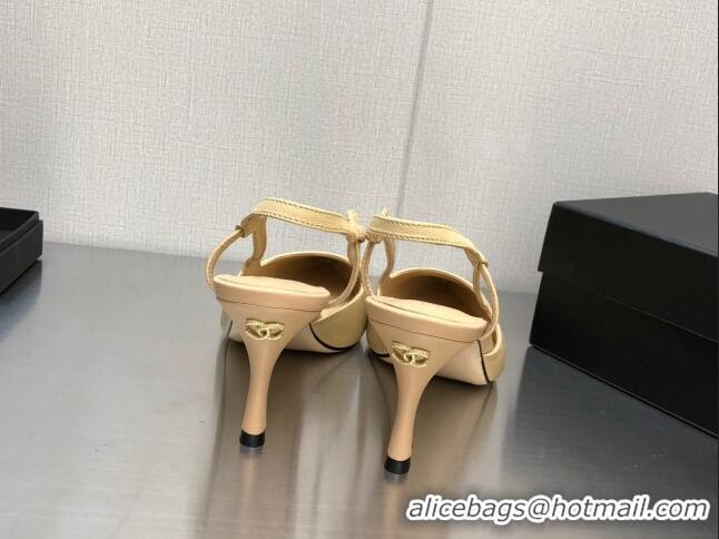 Stylish Chanel Lambskin Medium Heel Slingback Pumps 6.5cm Beige 103121