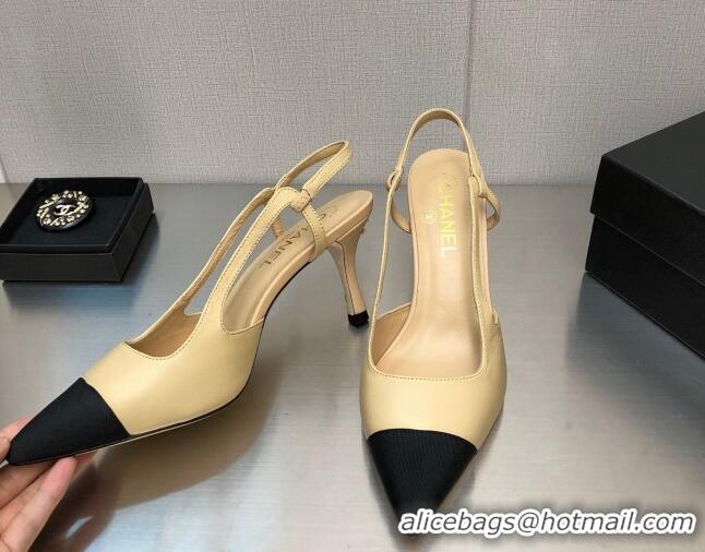 Stylish Chanel Lambskin Medium Heel Slingback Pumps 6.5cm Beige 103121