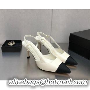 Luxurious Chanel Lambskin Medium Heel Slingback Pumps 6.5cm White 103122