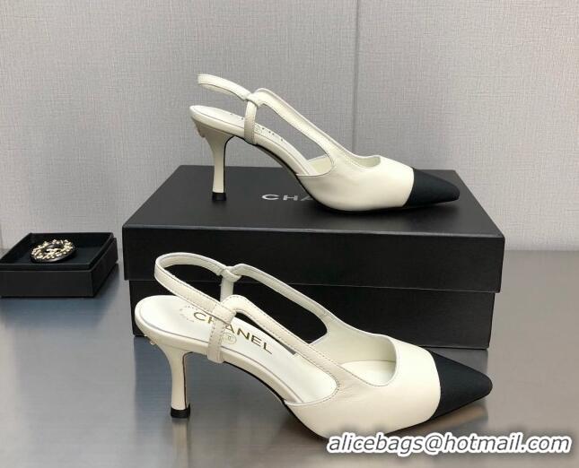 Luxurious Chanel Lambskin Medium Heel Slingback Pumps 6.5cm White 103122