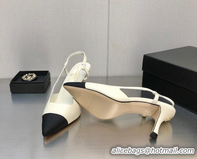 Luxurious Chanel Lambskin Medium Heel Slingback Pumps 6.5cm White 103122