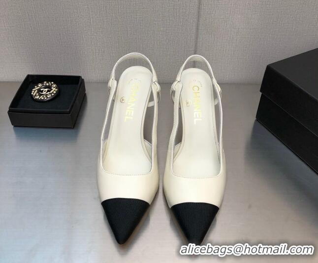 Luxurious Chanel Lambskin Medium Heel Slingback Pumps 6.5cm White 103122