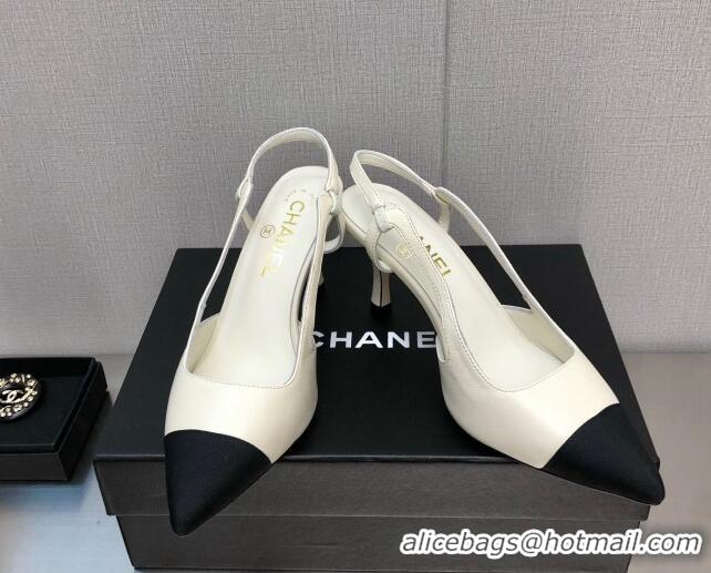 Luxurious Chanel Lambskin Medium Heel Slingback Pumps 6.5cm White 103122