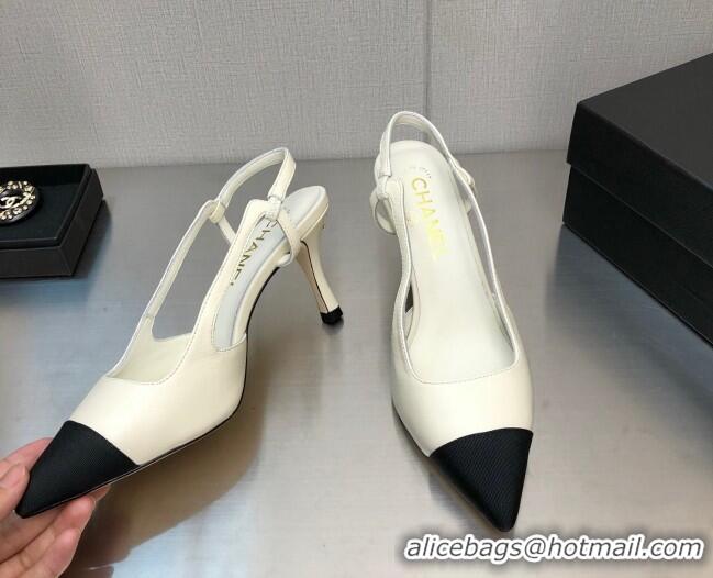 Luxurious Chanel Lambskin Medium Heel Slingback Pumps 6.5cm White 103122