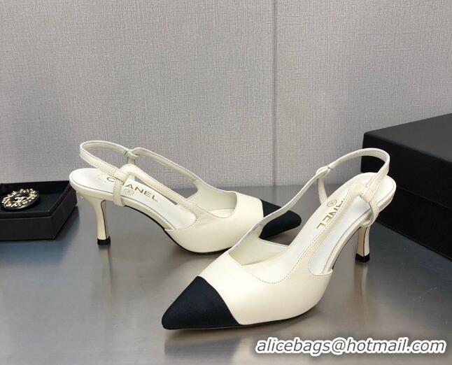 Luxurious Chanel Lambskin Medium Heel Slingback Pumps 6.5cm White 103122