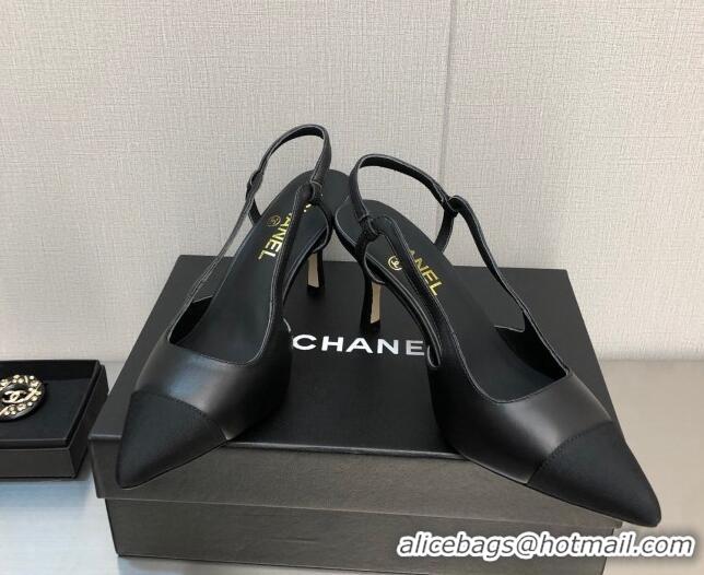 Classic Chanel Lambskin Medium Heel Slingback Pumps 6.5cm Black 1103124