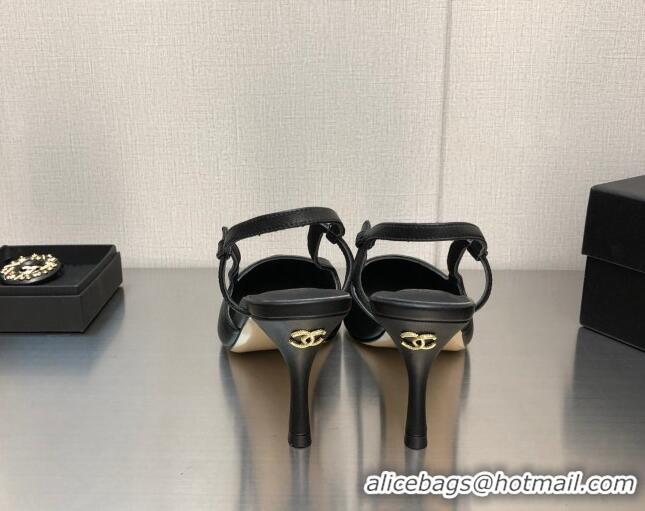 Classic Chanel Lambskin Medium Heel Slingback Pumps 6.5cm Black 1103124