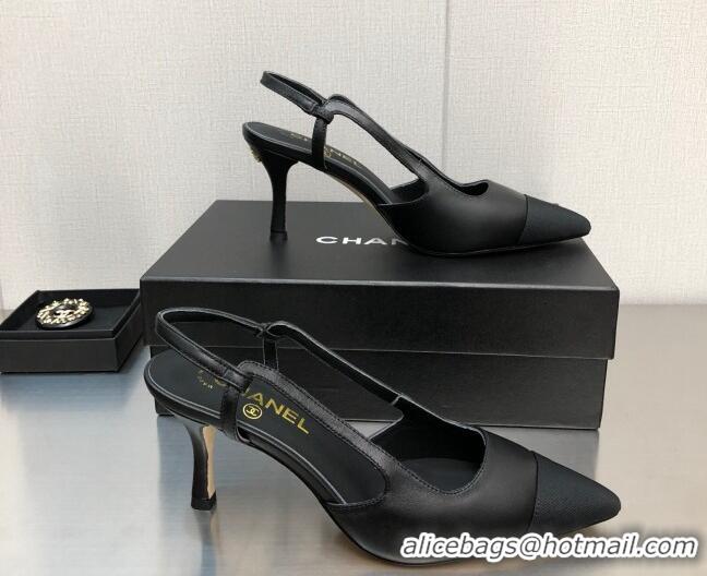 Classic Chanel Lambskin Medium Heel Slingback Pumps 6.5cm Black 1103124