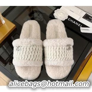 Classic Hot Chanel Shearling Flat Slide Sandals White 103125