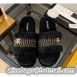 Lower Price Chanel Shearling Flat Slide Sandals Black 103126