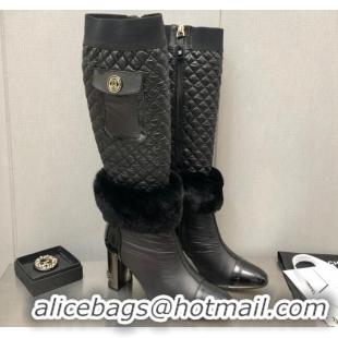 Discount Chanel Nylon High Heel Boots 8cm Black 110403