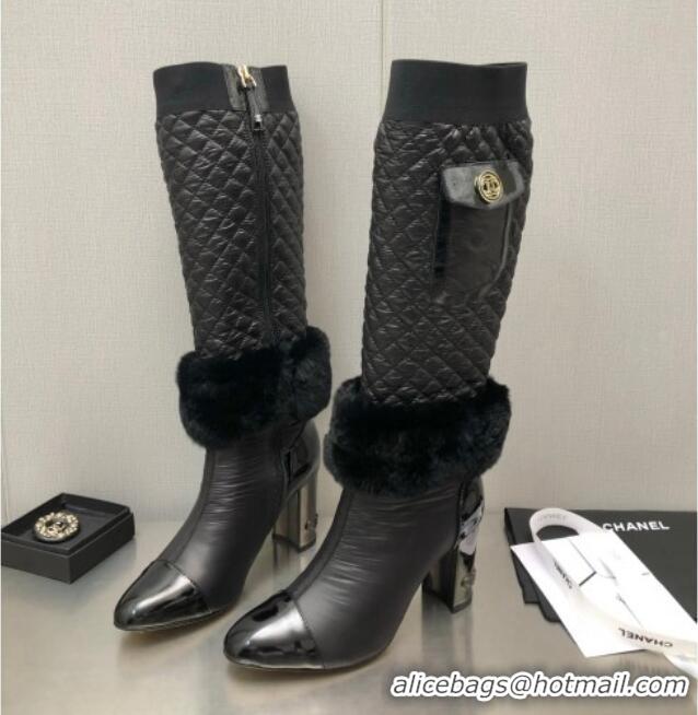 Discount Chanel Nylon High Heel Boots 8cm Black 110403