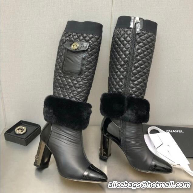 Discount Chanel Nylon High Heel Boots 8cm Black 110403