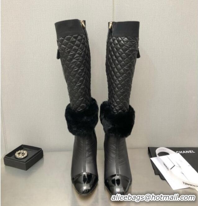 Discount Chanel Nylon High Heel Boots 8cm Black 110403