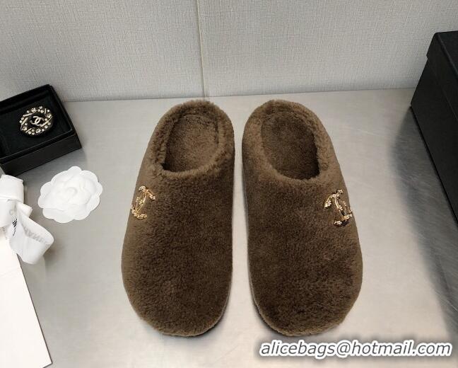 Fashion Chanel Shearling Flat Mules Brown 110408