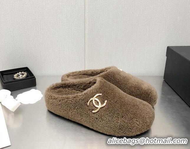 Fashion Chanel Shearling Flat Mules Brown 110408