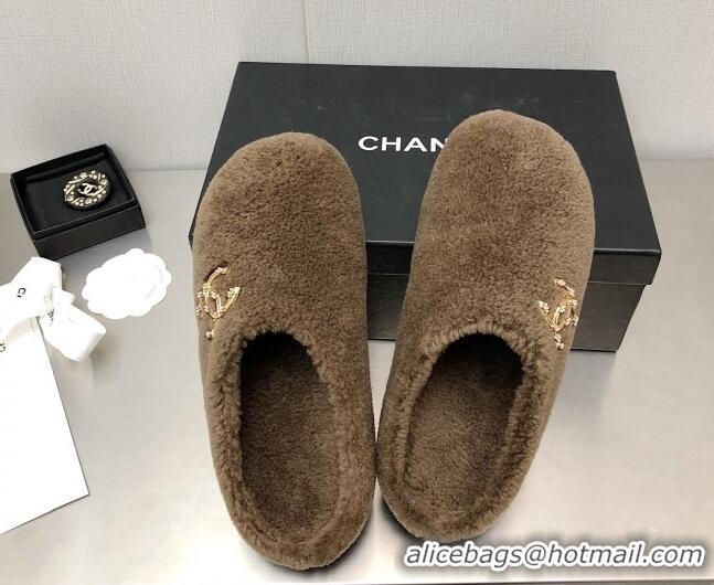 Fashion Chanel Shearling Flat Mules Brown 110408