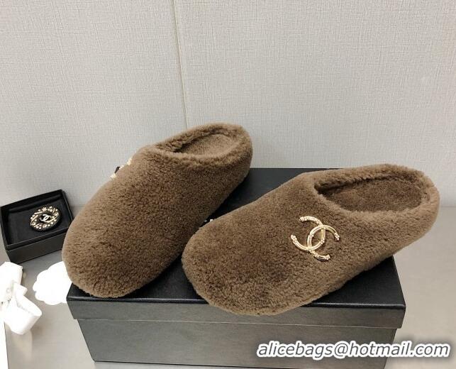 Fashion Chanel Shearling Flat Mules Brown 110408