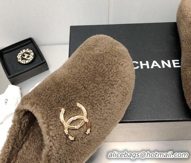 Fashion Chanel Shearling Flat Mules Brown 110408