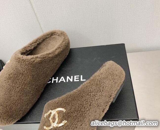 Fashion Chanel Shearling Flat Mules Brown 110408