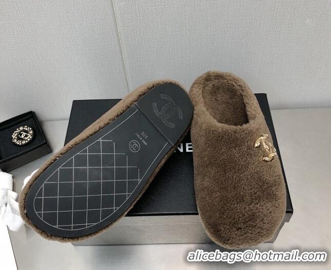 Fashion Chanel Shearling Flat Mules Brown 110408