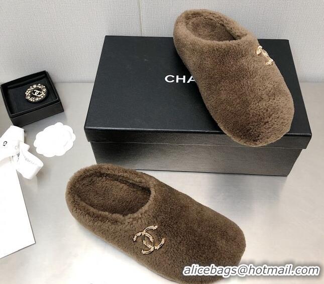 Fashion Chanel Shearling Flat Mules Brown 110408