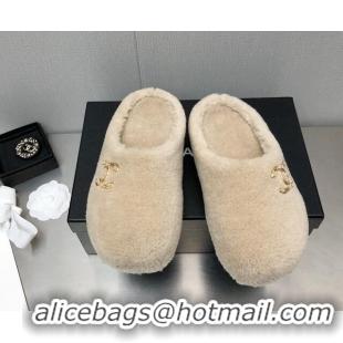 Stylish Chanel Shearling Flat Mules White 110409