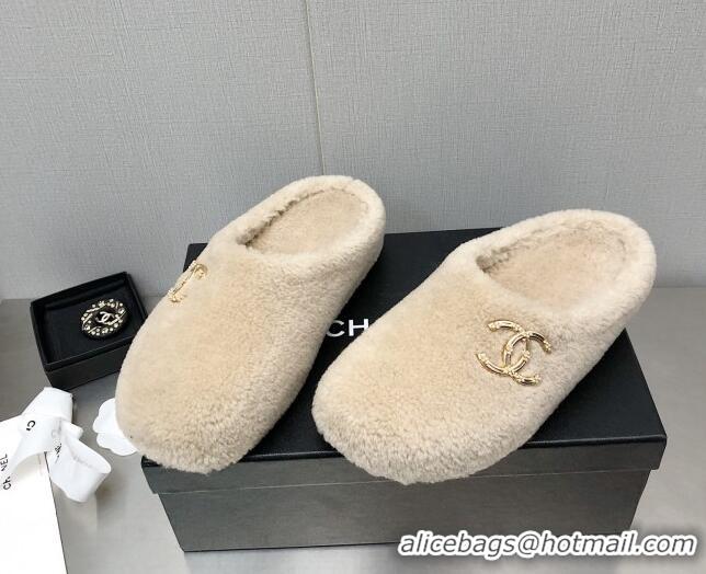 Stylish Chanel Shearling Flat Mules White 110409