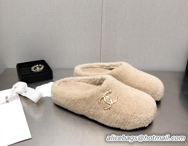 Stylish Chanel Shearling Flat Mules White 110409