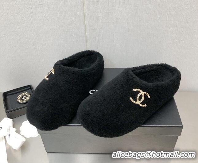 Sumptuous Chanel Shearling Flat Mules Black 110410