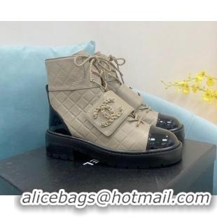 Classic Chanel Calfskin Lace-ups Ankle Boots G39516 Khaki Grey