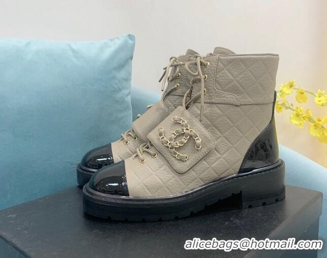 Classic Chanel Calfskin Lace-ups Ankle Boots G39516 Khaki Grey