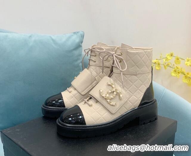 Stylish Chanel Calfskin Lace-ups Ankle Boots G39516 Nude