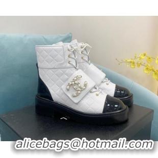 Low Price Chanel Calfskin Lace-ups Ankle Boots G39516 White