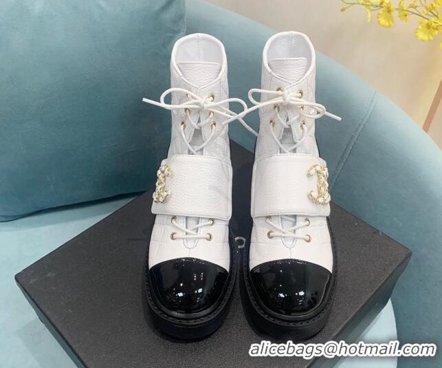 Low Price Chanel Calfskin Lace-ups Ankle Boots G39516 White