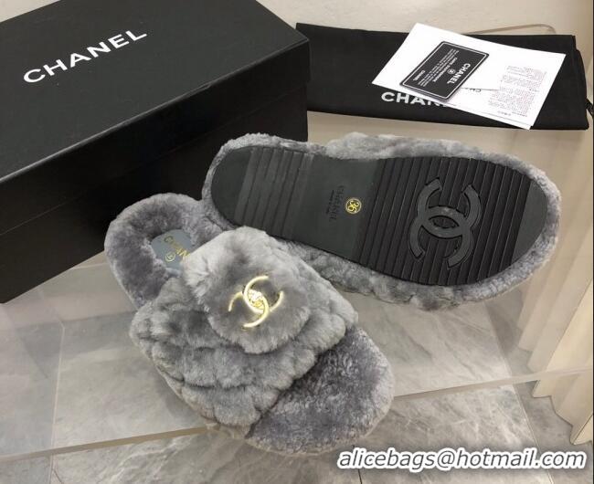 Classic Hot Chanel Quilted Wool Platform Flat Slide Sandals Gray 112659