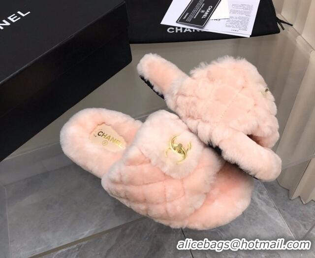 Good Quality Chanel Quilted Wool Platform Flat Slide Sandals Light Pink 112660