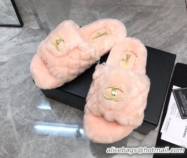 Good Quality Chanel Quilted Wool Platform Flat Slide Sandals Light Pink 112660