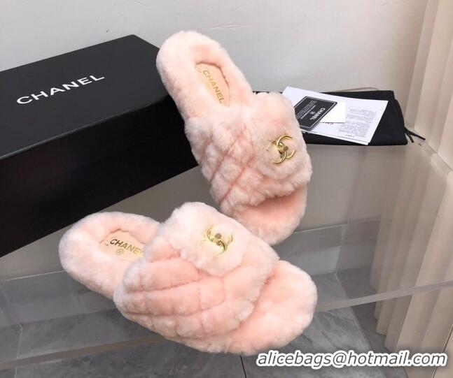 Good Quality Chanel Quilted Wool Platform Flat Slide Sandals Light Pink 112660