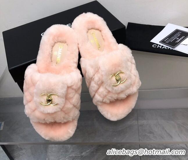 Good Quality Chanel Quilted Wool Platform Flat Slide Sandals Light Pink 112660