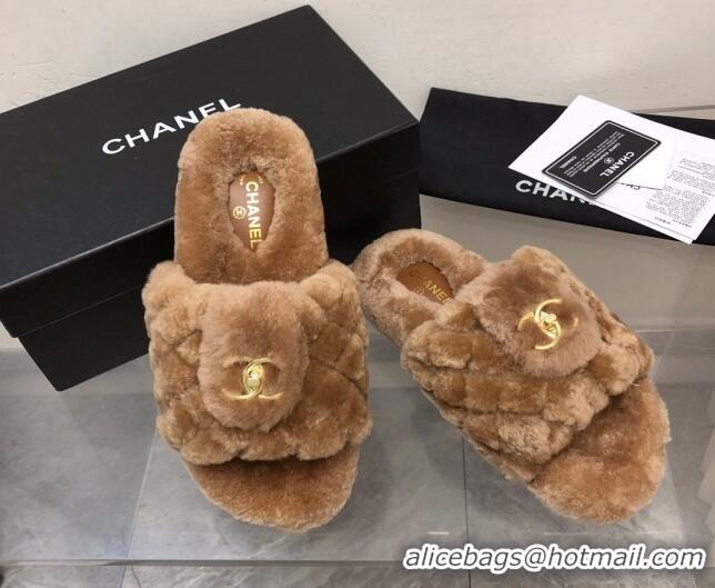 Sumptuous Chanel Quilted Wool Platform Flat Slide Sandals Brown 112661