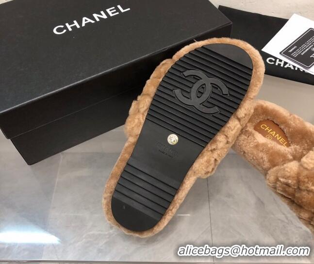 Sumptuous Chanel Quilted Wool Platform Flat Slide Sandals Brown 112661