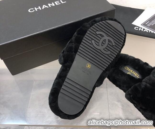 Stylish Chanel Quilted Wool Platform Flat Slide Sandals Black 112662