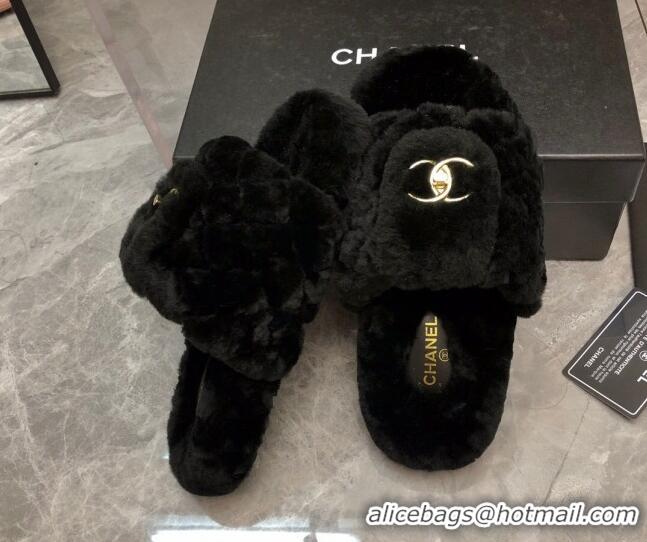 Stylish Chanel Quilted Wool Platform Flat Slide Sandals Black 112662