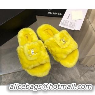 Pretty Style Chanel Quilted Wool Platform Flat Slide Sandals Yellow 112663