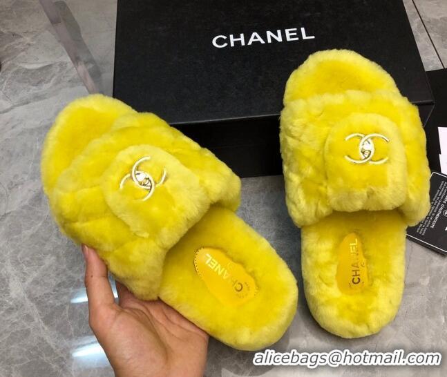 Pretty Style Chanel Quilted Wool Platform Flat Slide Sandals Yellow 112663